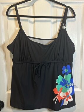 Island Escape Black Tankini Top with Floral Accent Women’s Plus Size 24W